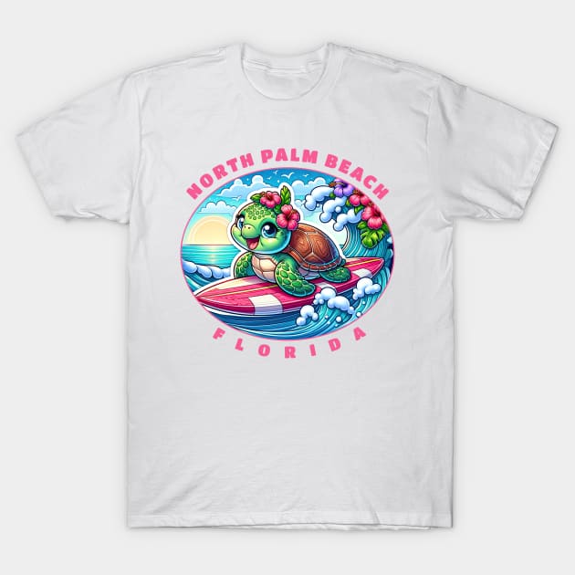 North Palm Beach Florida Girls Cute Surfing Sea Turtle T-Shirt by grendelfly73